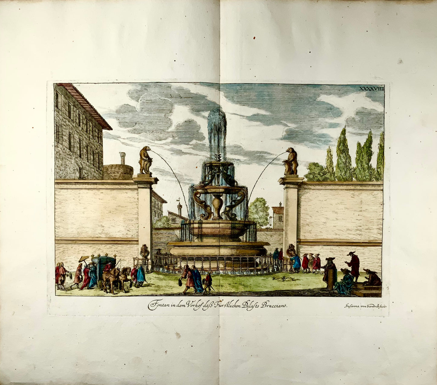 1679 Susanna von Sandrart, Fountain Bracciano in Rome, Italy, hand colored double folio, classical architecture