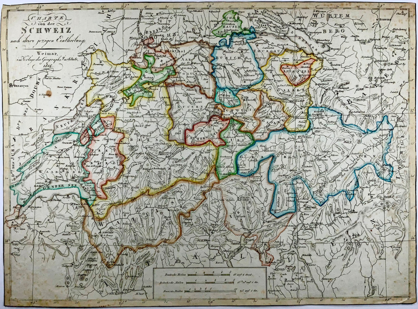 1816 Map of Switzerland, copper engraving with hand colour, 30.5 x 42 cm