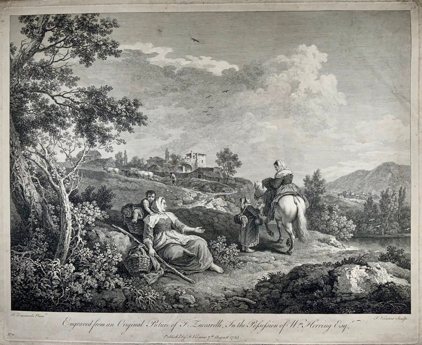 1753 F. Zuccarelli, scène pastorale à l'italienne, grande gravure impressionnante, art classique