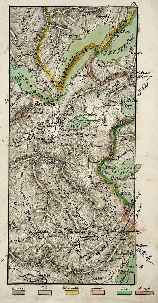 1840c Rare carte détaillée de la Suisse centrale, coloriée à la main