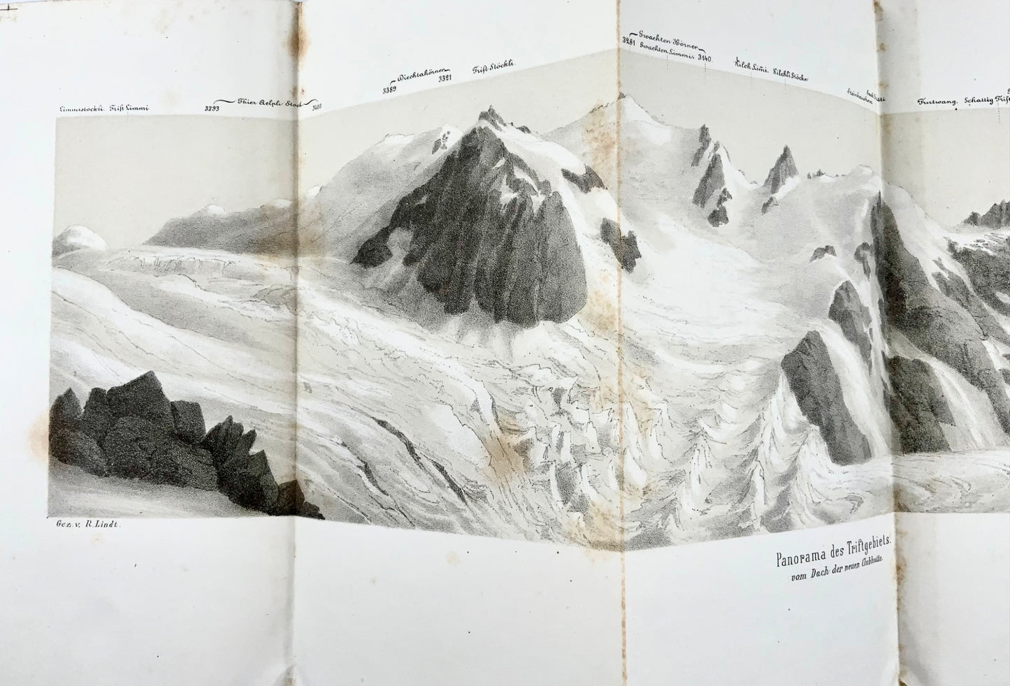 1865 Triftgebiet, Oberland bernois, panorama, lithographie sur pierre, Suisse