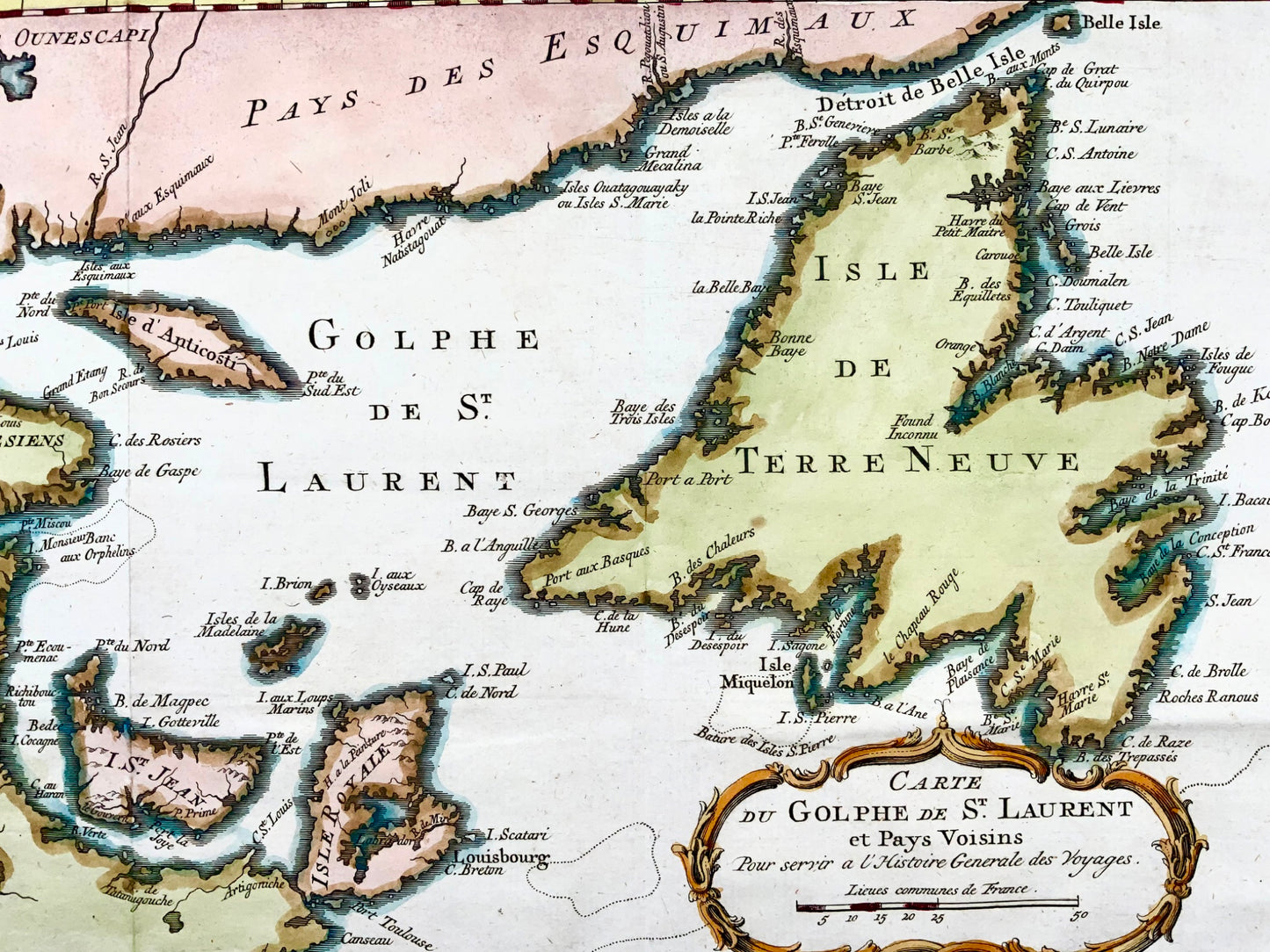 1767 Bellin, Canada, Golfe du Saint-Laurent, gravure coloriée à la main