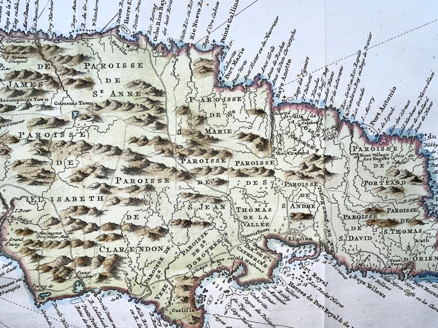 1776 A. Krevelt, Bellin, Carte de Jamaïque, Jamaïque Caraïbes, carte colorée à la main
