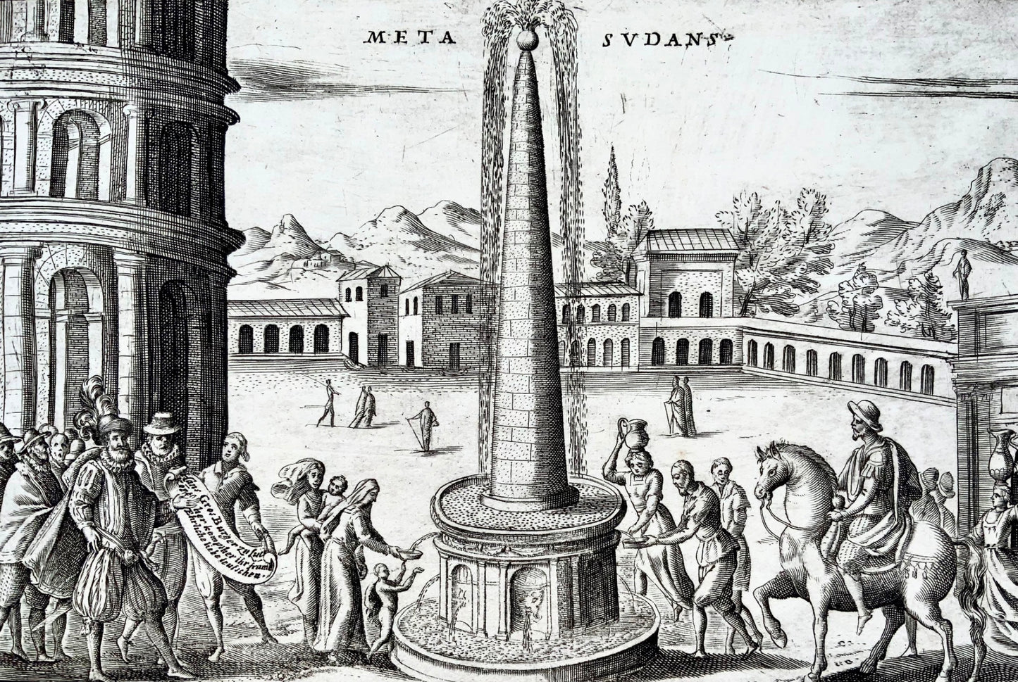 1624 Lauro, Meta Soudans, près du Colisée, Rome Italie, gravure sur cuivre