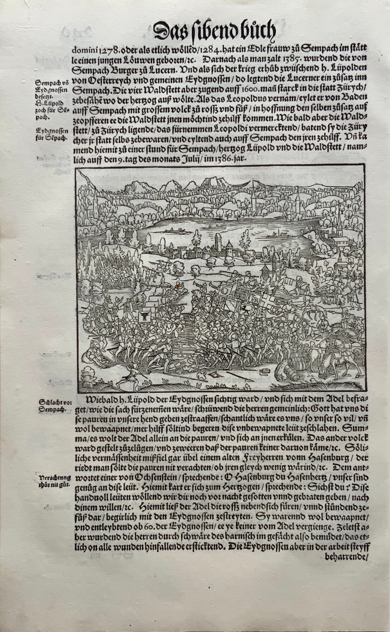 1548 Joh. Stumpf - Battle by Sempach Switzerland - Habsburg Wars - woodcut leaf - Military history