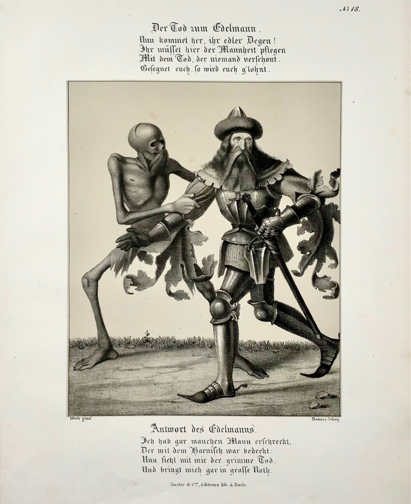 1830 H. Hess, Danse macabre, Memento Mori, chevalier en armure 