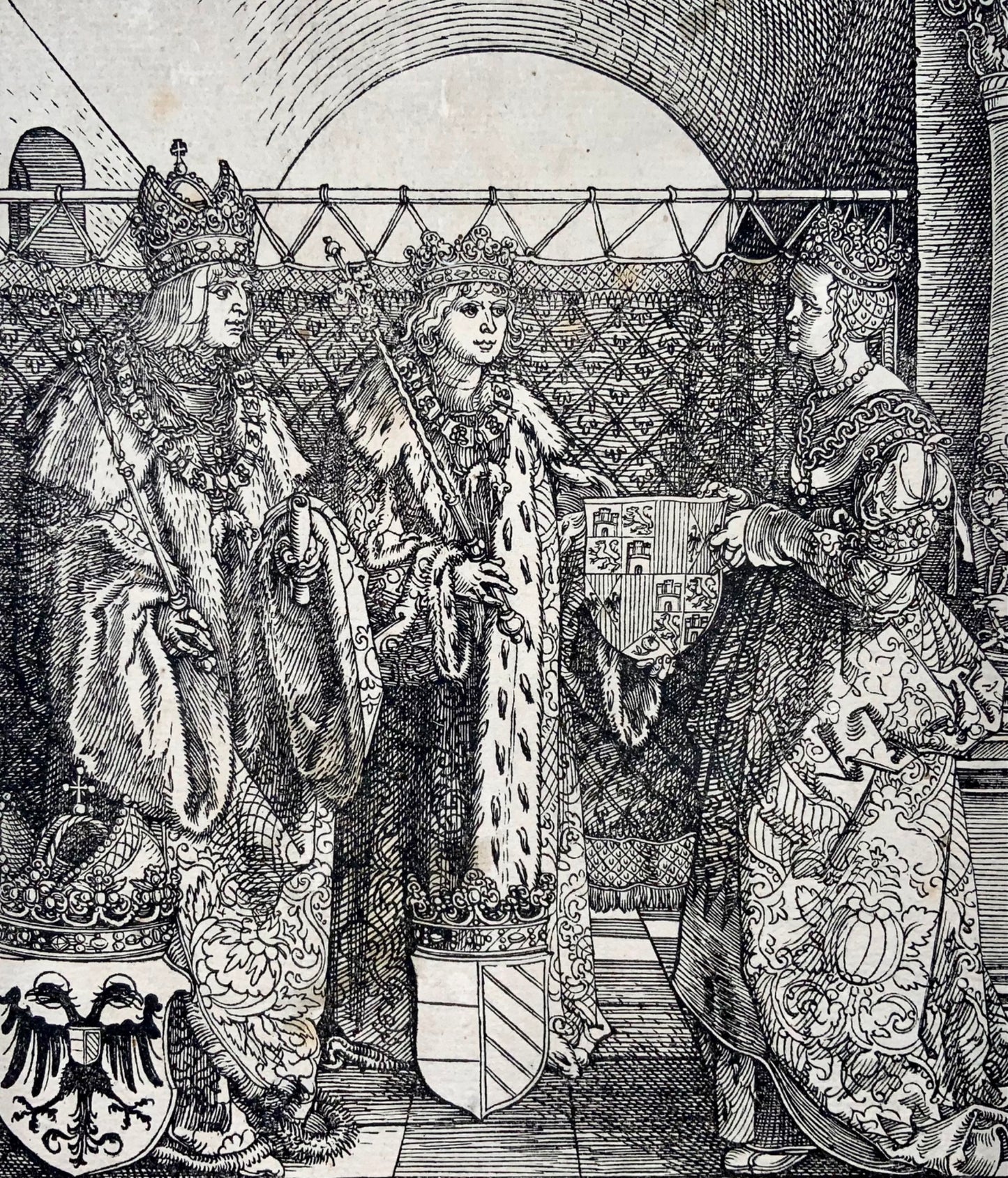 1515 Albrecht Dürer (b1471) Empereur Maximilien, gravure sur bois de mariage, Arc de Triomphe