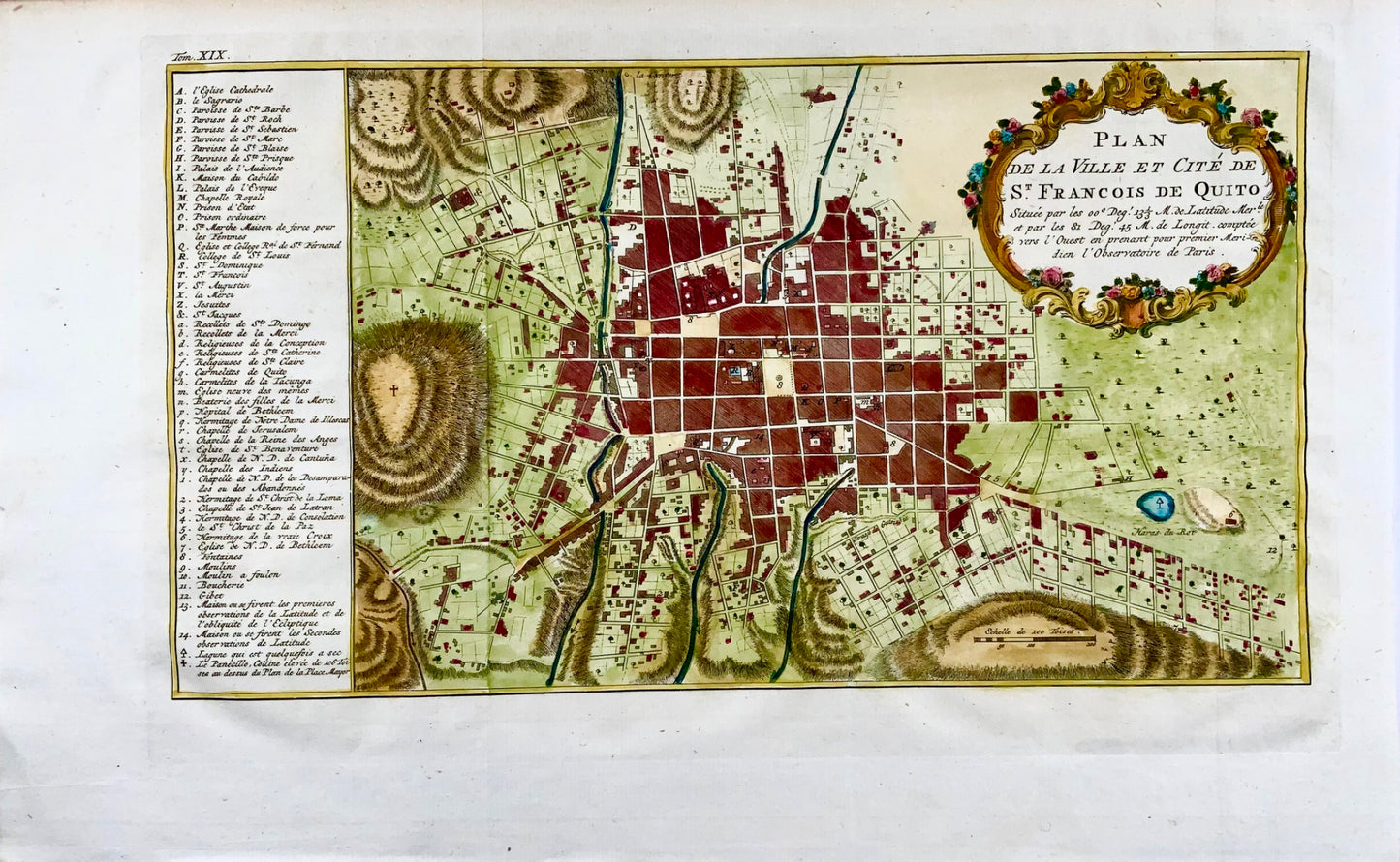 1753 Schley after Bellin, Ecuador, Quito, city plan, map, hand coloured