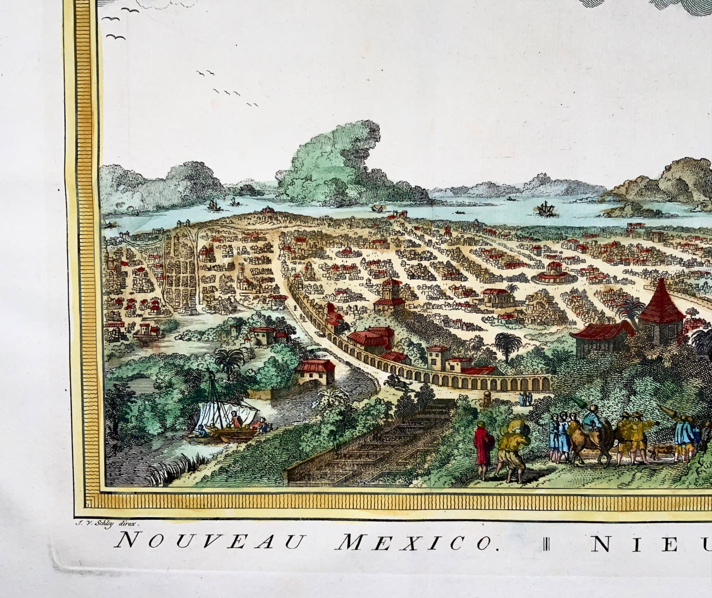 1780 JV Schley, Mexico, paysage urbain, gravure sur cuivre colorée à la main