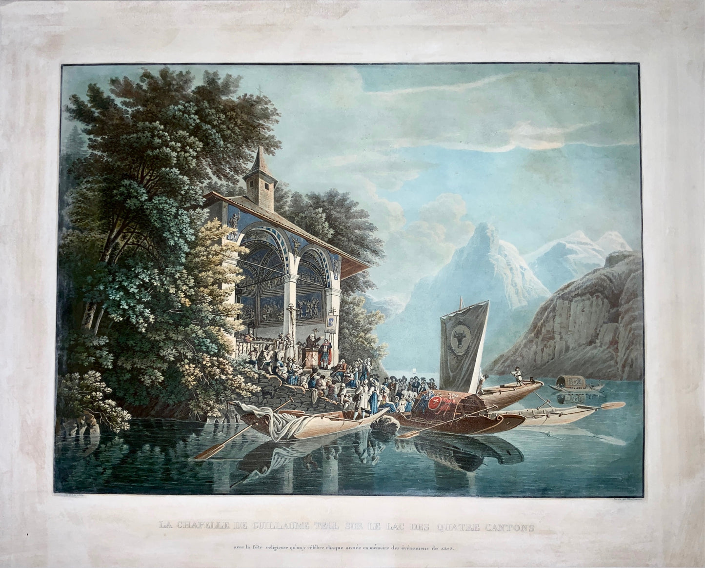 1830 G. Lory; Hurlimann - Tell’s Chapel Switzerland - Large hand col. aquatint - ‘Klein Meister’ Master Print