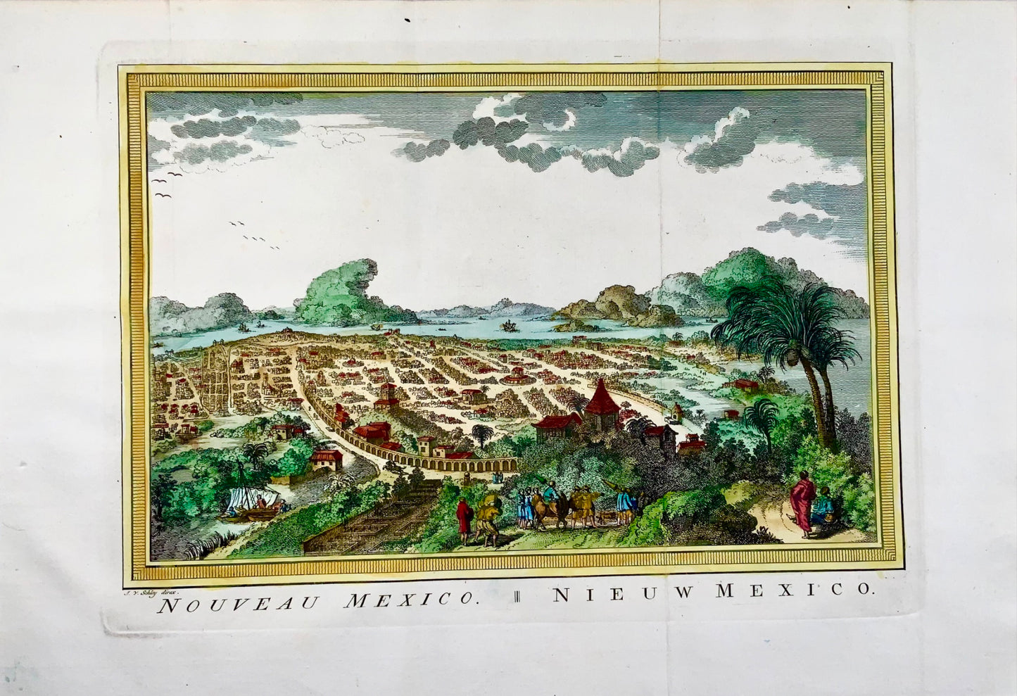 1780 J.V. Schley, Mexico City, cityscape, hand coloured copper engraving