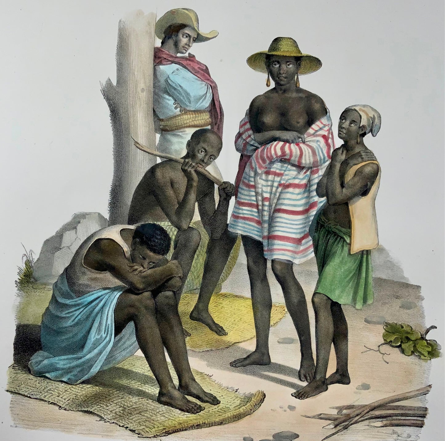 1840 Esclavage, esclaves africains, d’après Fuchs, lithographie en pierre folio colorée à la main, ethnologie