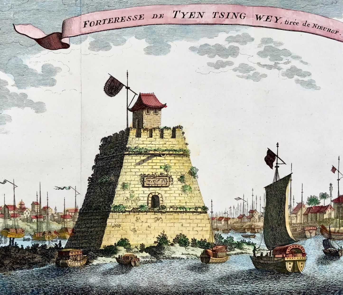 1755 Prévost; Schley, forteresse sur la rivière Pékin, Chine, voyages à l'étranger, carte