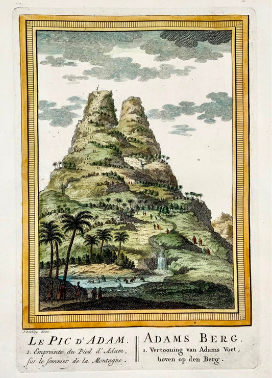 1750 Schley, Adam's Peak au Sri Lanka (Ceylan), gravure coloriée à la main