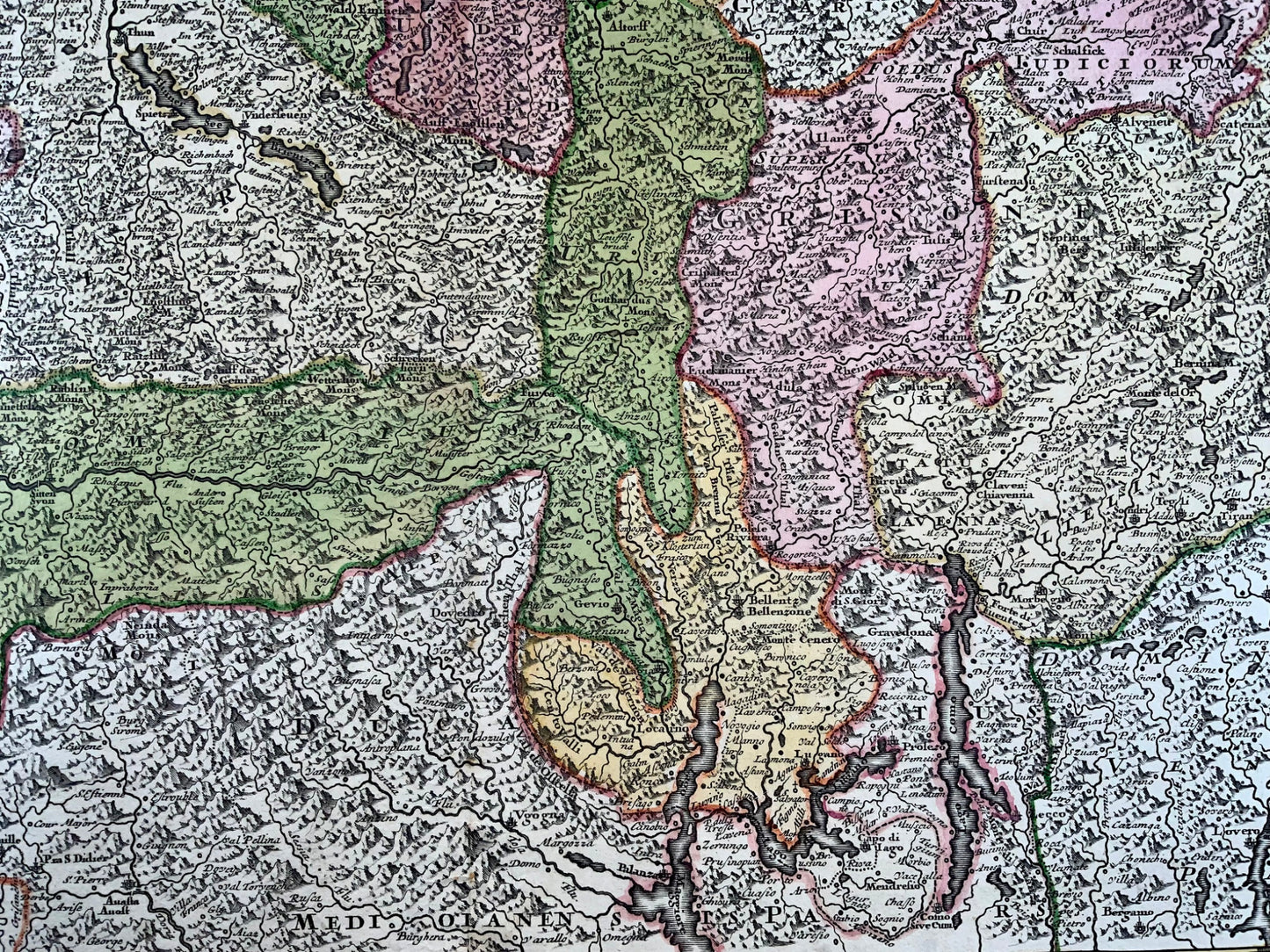 1757 Grande carte de la Suisse, C. Lotter, avec des détails exceptionnels, couleur à la main