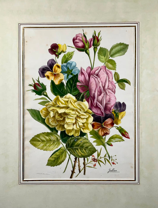 1840c Roses &amp; Pensées, Jullien, Bequet, grande lithographie en pierre colorée à la main, botanique