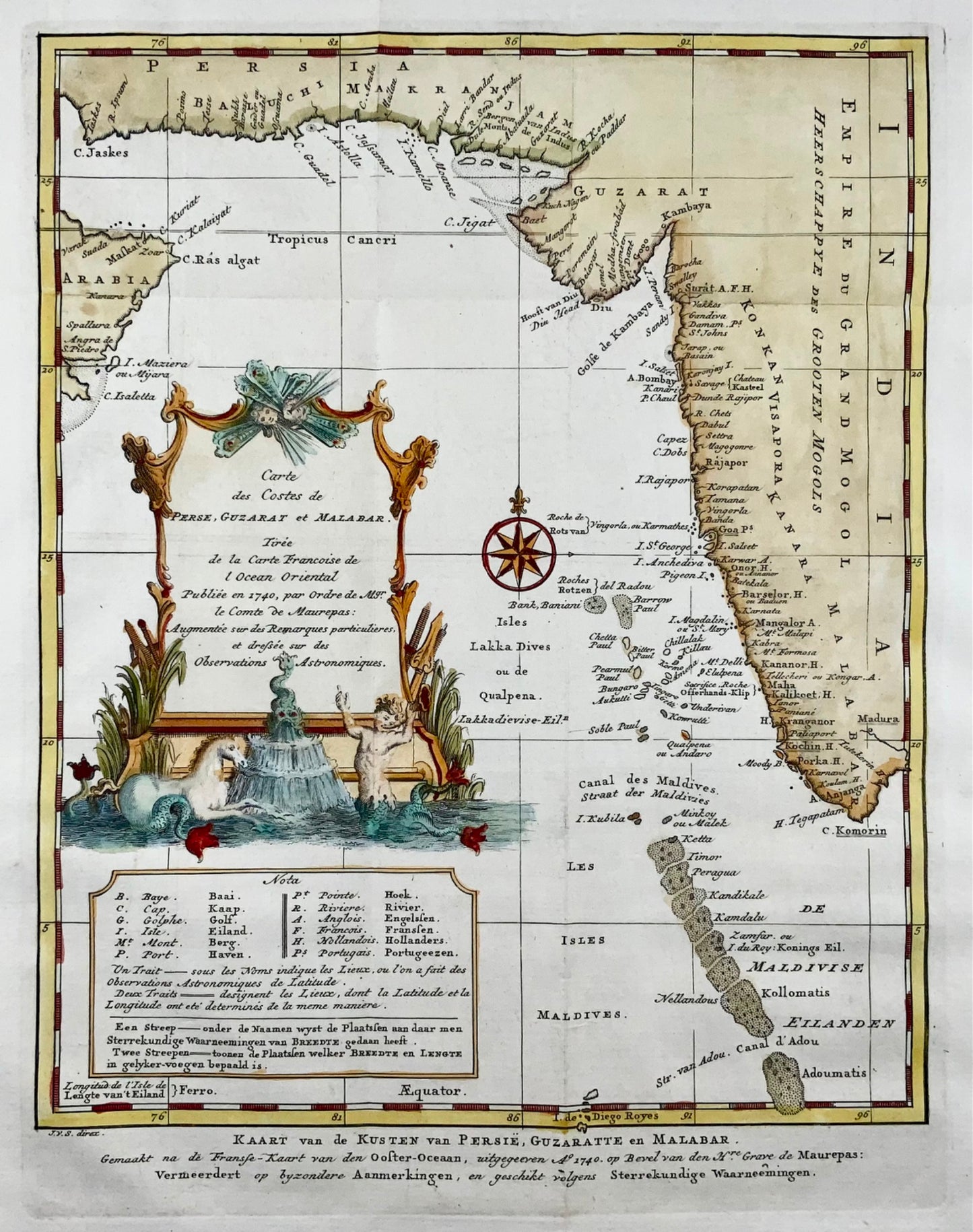 1749 Bellin, Schley, carte de l'océan Indien, des Maldives, de l'Inde, du Pakistan, de l'Iran, topographie étrangère