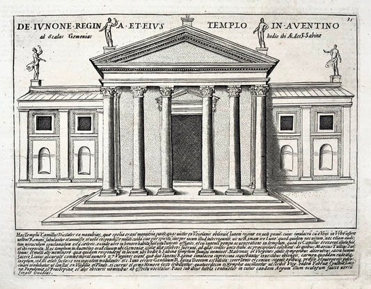 1624 G. Laurus, Temple de Junon sur l'Aventin, Rome, Italie, gravure sur cuivre 