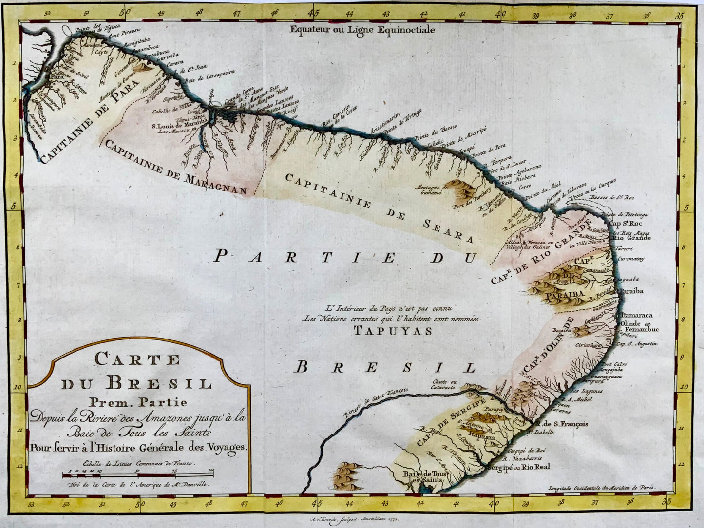 1772 Krevelt, carte, côte du Brésil, Amérique du Sud, Amazonie, coloriée à la main 