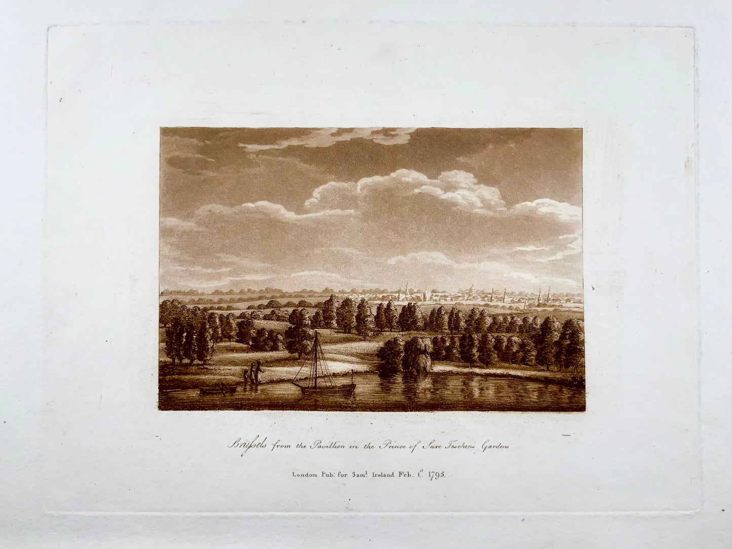 1795 Bruxelles, Belgique, aquatinte sépia fine, édition grand papier, topographie étrangère