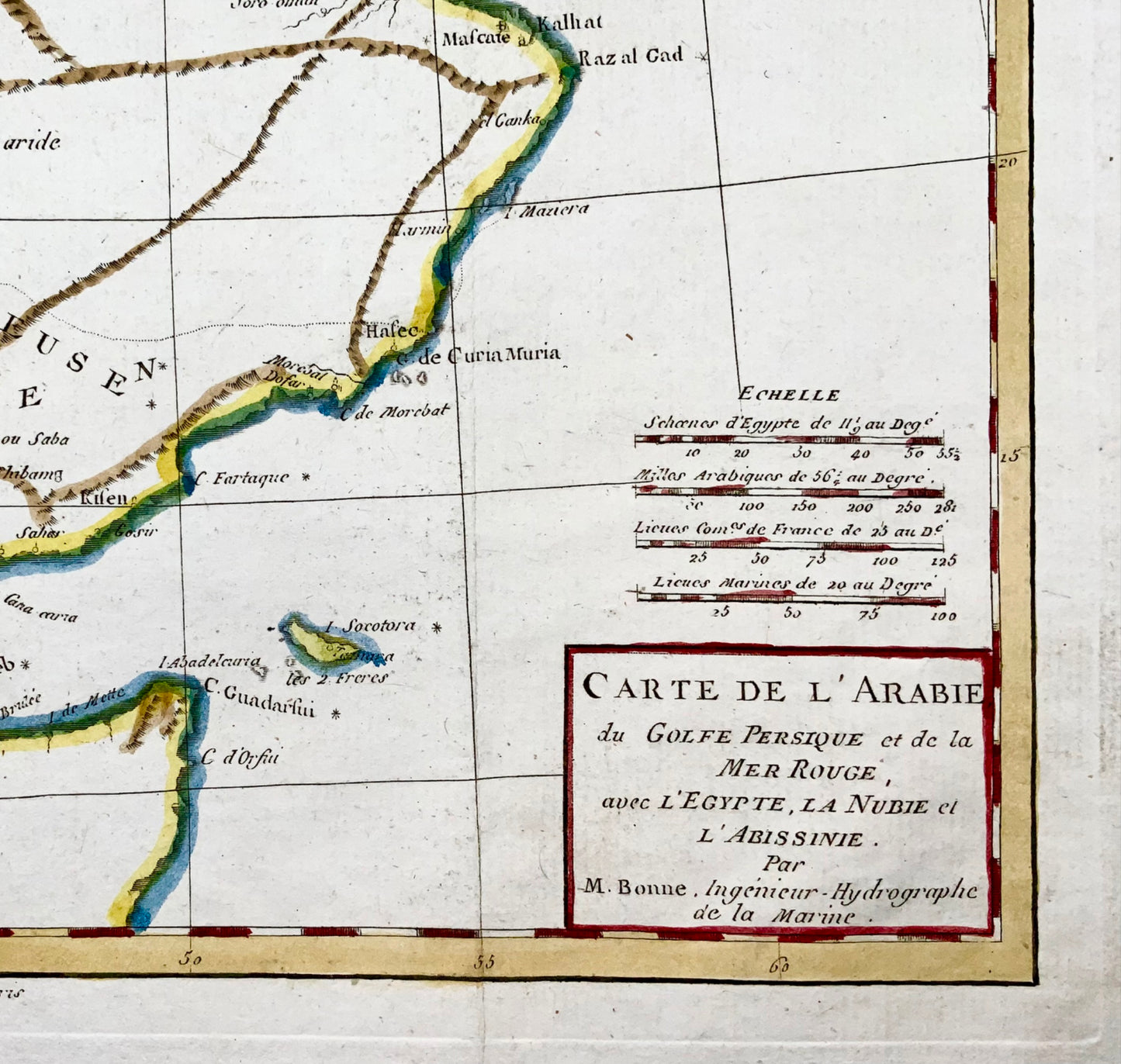 1780 Bonne, carte du Moyen-Orient, de la Perse, de la Mer Rouge, de l'Egypte, de la Nubie colorée à la main