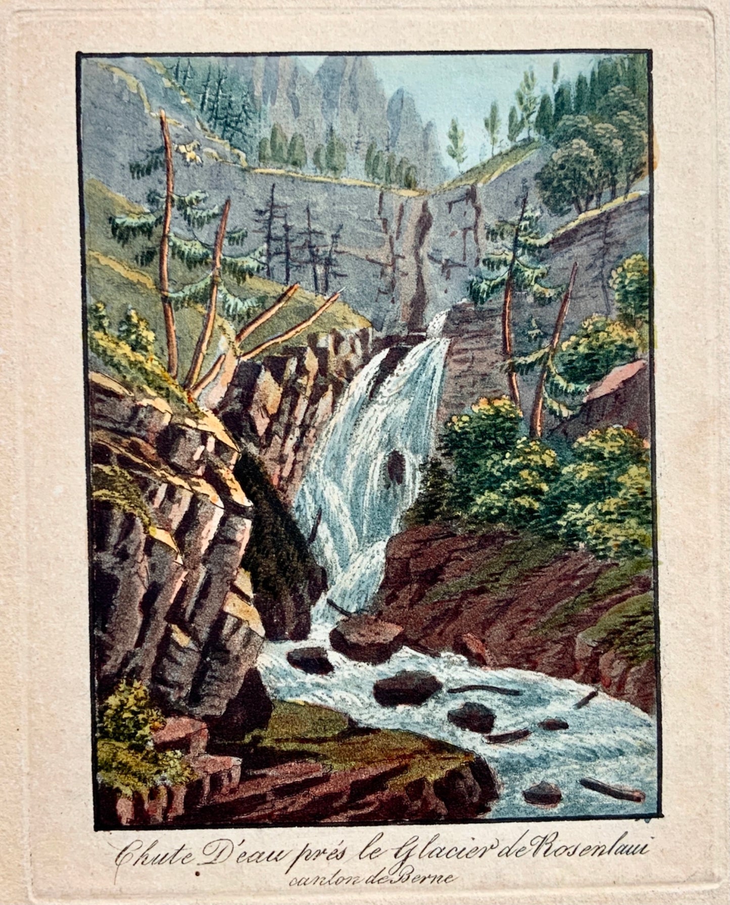 1840 c Falls below Rosenlaui Glacier MEIRINGEN hand col. aquatint Switzerland