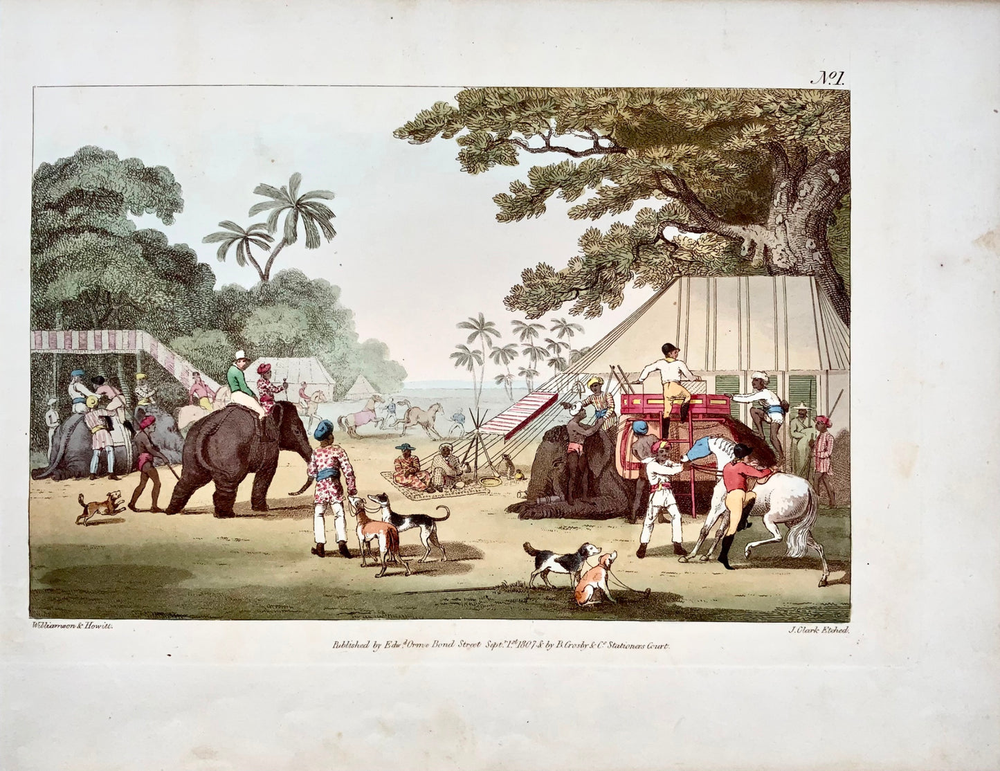 1807 ème. Williamson, Préparations pour une chasse, aquatinte coloriée à la main, sports, Inde, topographie étrangère