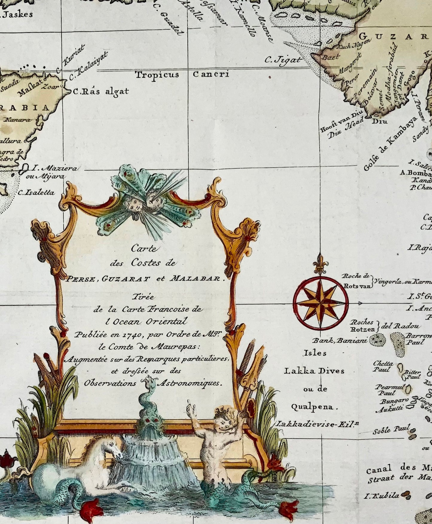 1749 Bellin, Schley, carte de l'océan Indien, des Maldives, de l'Inde, du Pakistan, de l'Iran, topographie étrangère