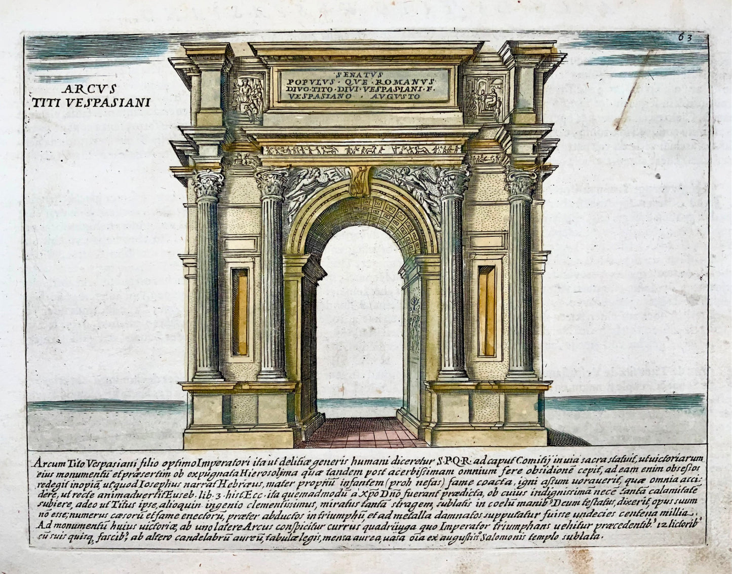 1624 Laurus (Lauro), Arch of Titus Vespasian, Rome, hand coloured engraving