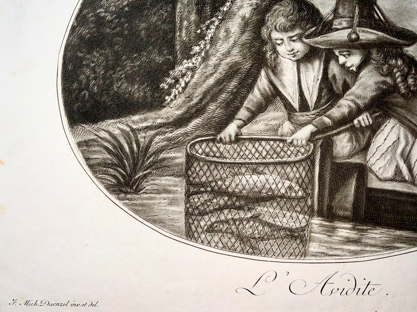 1780c J.M. Daenzel, Haid, L’Appetit, L’Avidite, fish, food, 2 stipple engravings