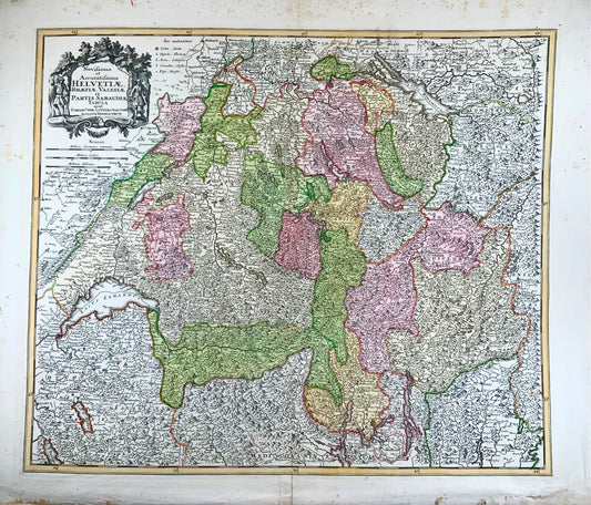 1757 Grande carte de la Suisse, C. Lotter, avec des détails exceptionnels, couleur à la main