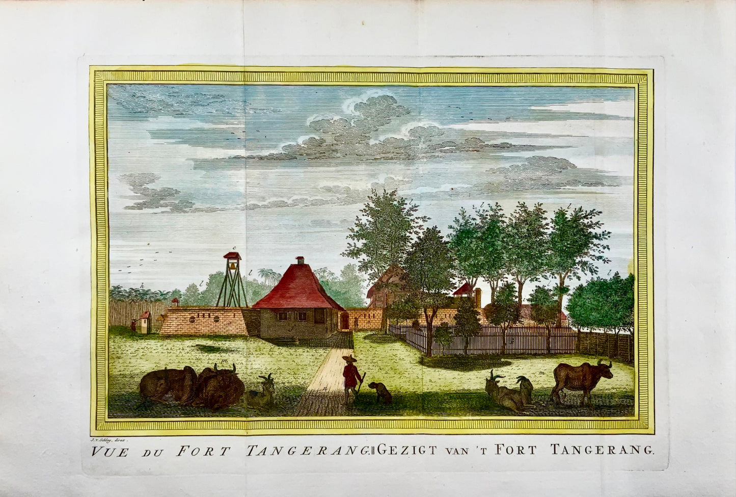 1763 J. Schley, view of Fort Tangerang, Indonesia, hand coloured folio, foreign topography