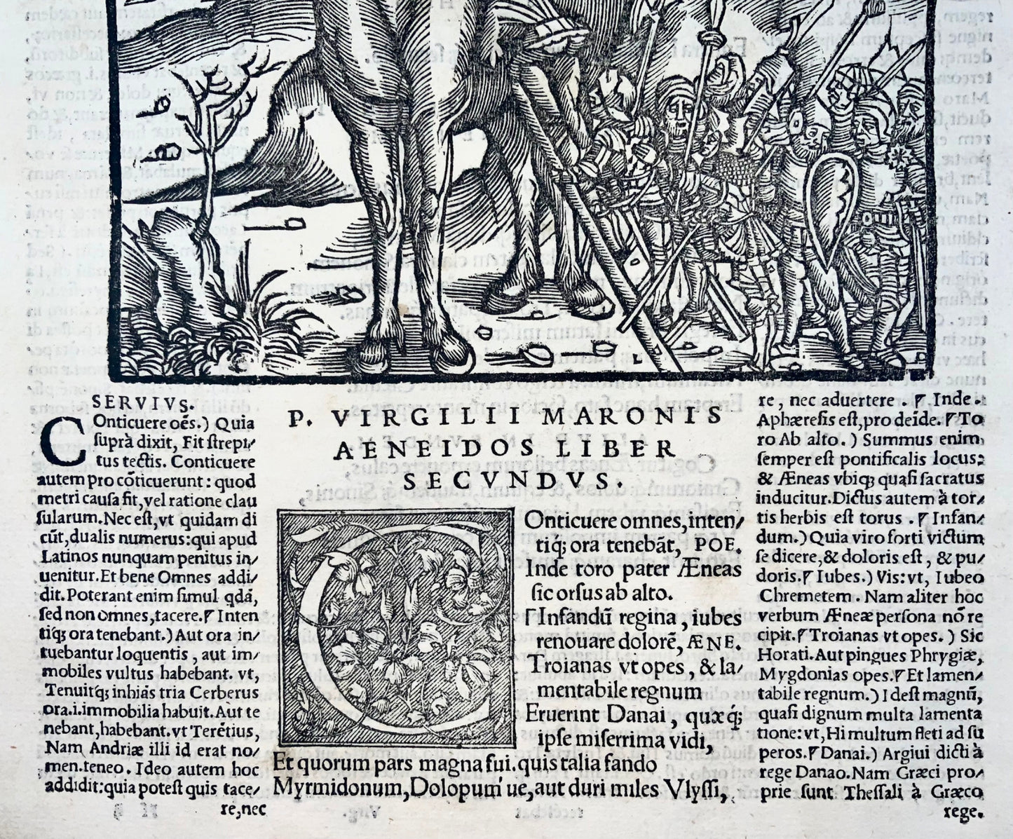 1517 Folio Gruninger woodcut leaf from Virgil’s Aeneid, Trojan Horse, mythology, master engraving