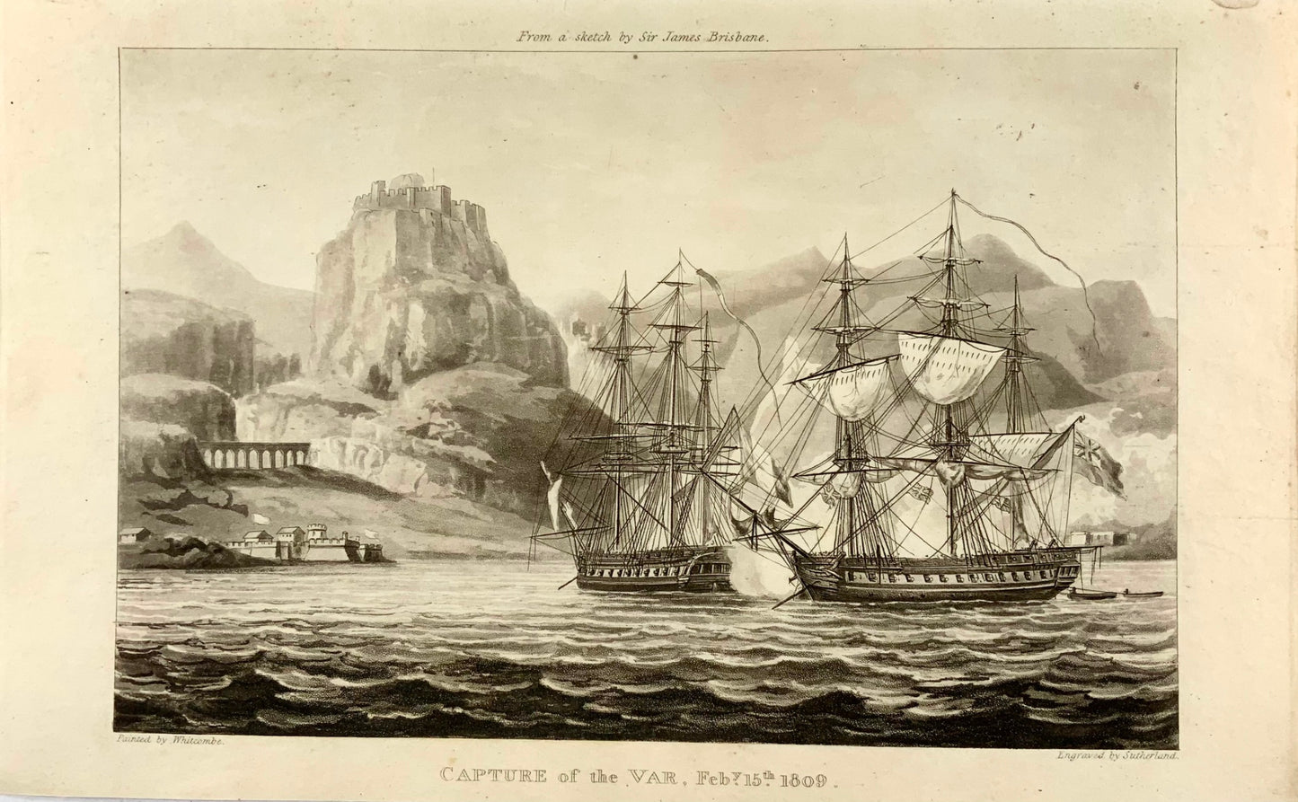 1820 Prise du Var, au large de Corfou, Sutherland, Whitcombe, aquatinte maritime