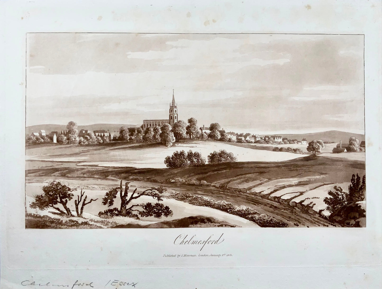 1821 Chelmsford, Essex, Sepia aquatint by Mawman after Shepherd