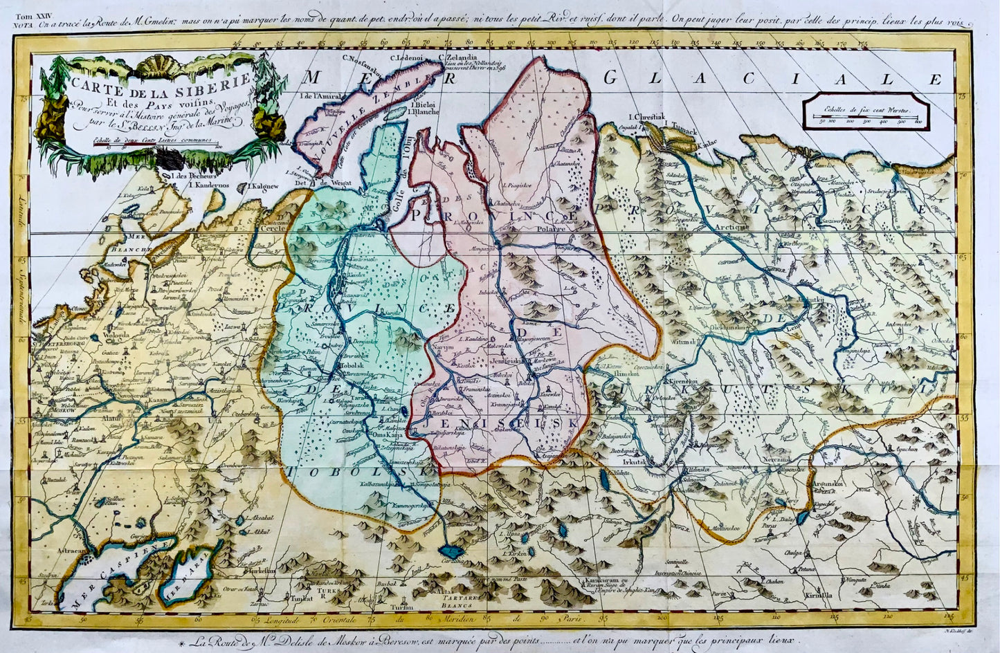 1756 J.N. Bellin; Schley, Siberia, Jenisi River, Russia, hand coloured map