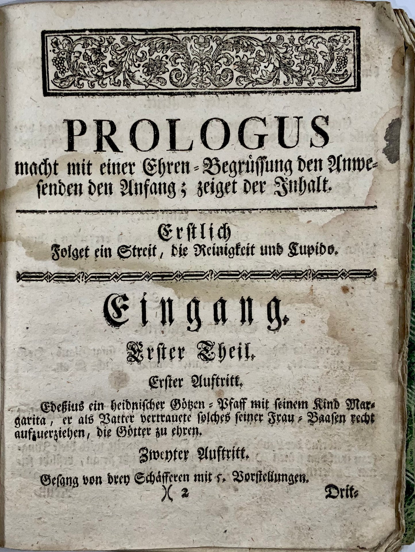 1765 Manuscrit, théâtre baroque suisse, avec titre et description imprimés, beau frontispice 