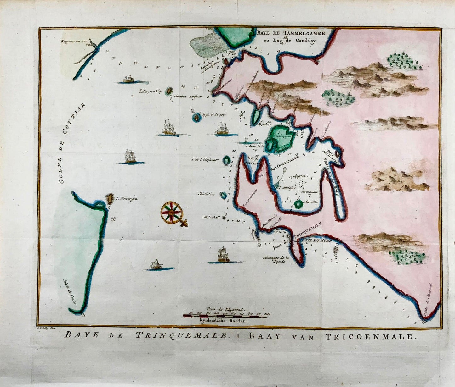 1770 J.V. Schley, Sri Lanka, Ceylon, Trincomalee, large copper engraving, map