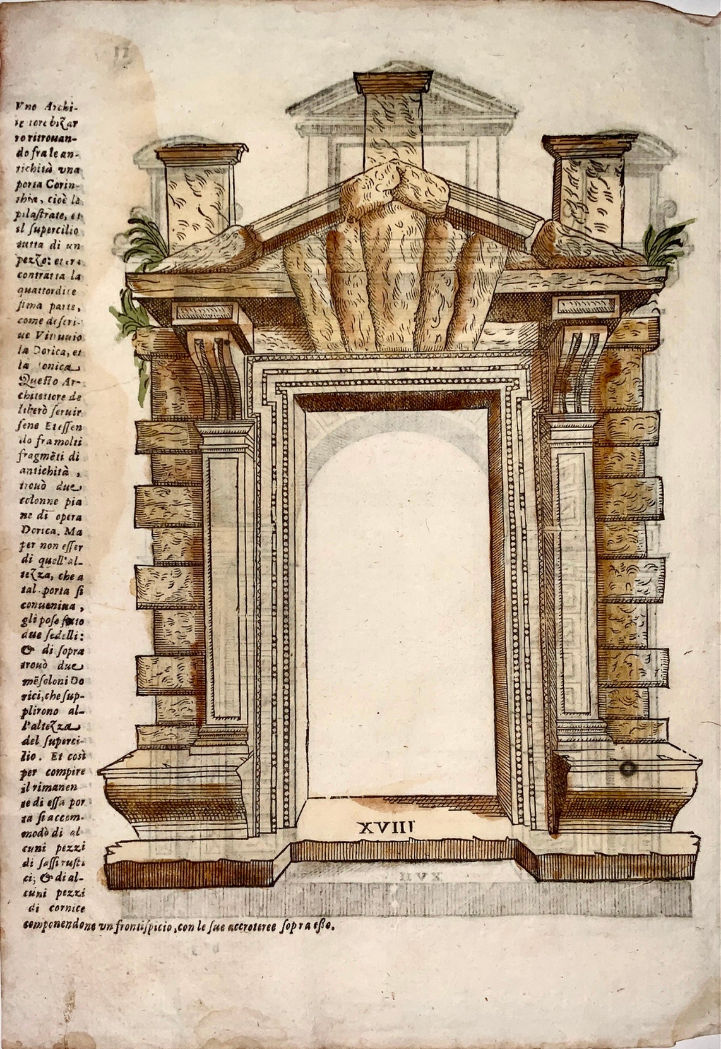 1615 Seb Serlio; hand coloured woodcut leaf - Portal Doric Style, Italy