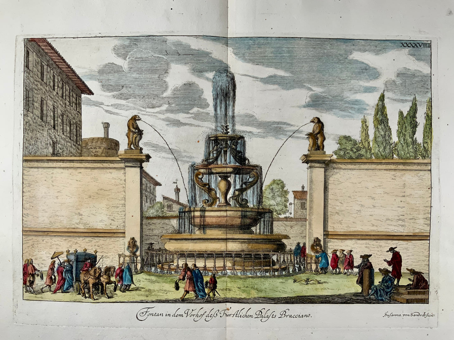 1679 Susanna von Sandrart, Fountain Bracciano in Rome, Italy, hand colored double folio, classical architecture