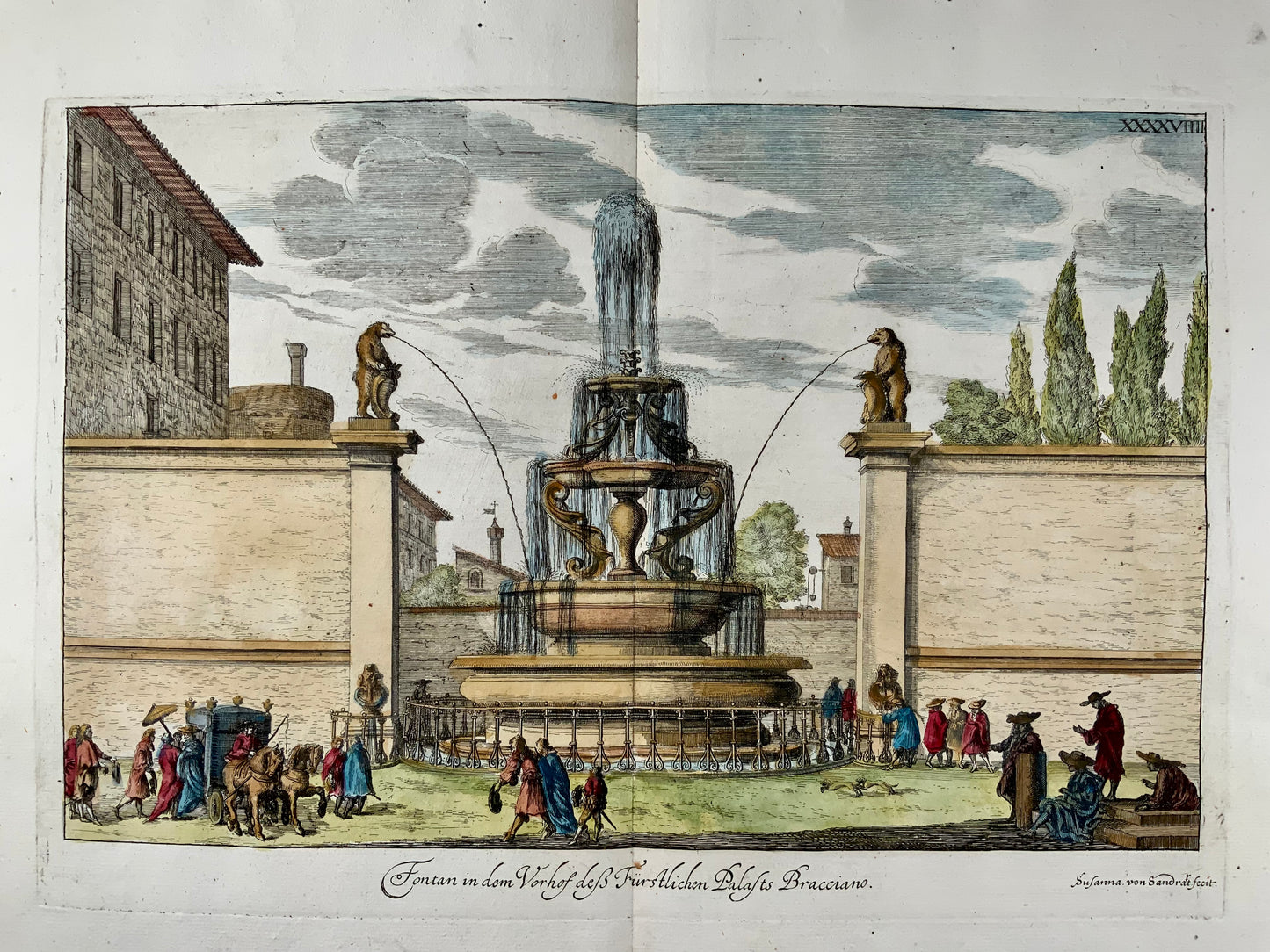 1679 Susanna von Sandrart, Fontaine Bracciano à Rome, Italie, double in-folio coloré à la main, architecture classique