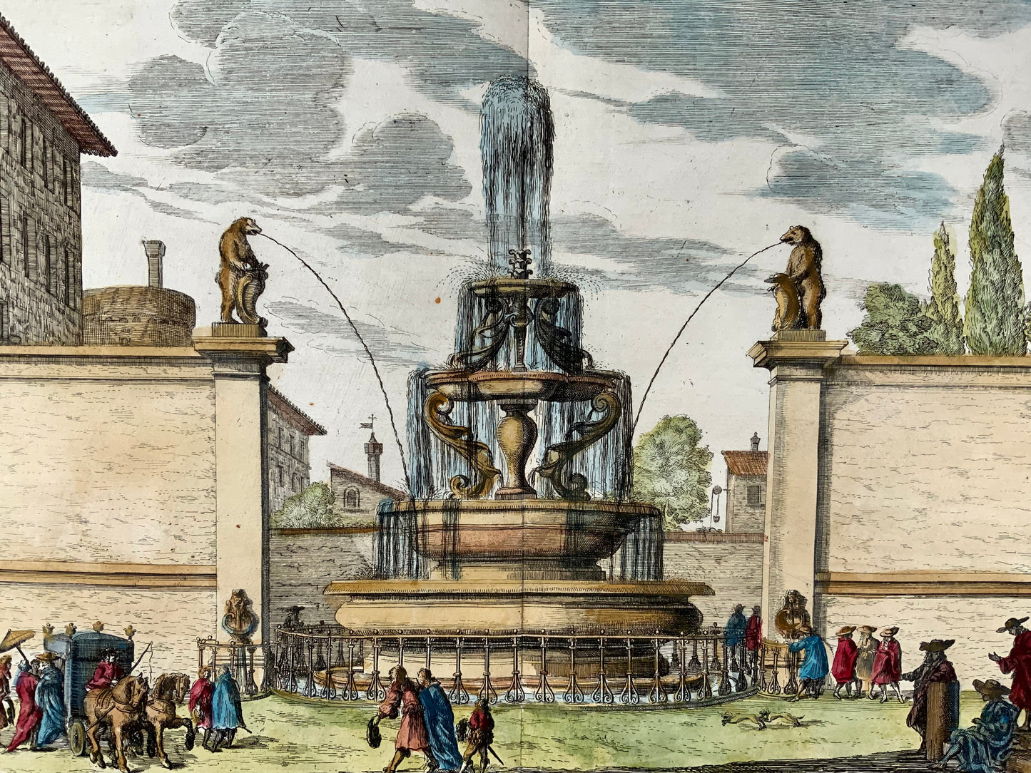 1679 Susanna von Sandrart, Fountain Bracciano in Rome, Italy, hand colored double folio, classical architecture