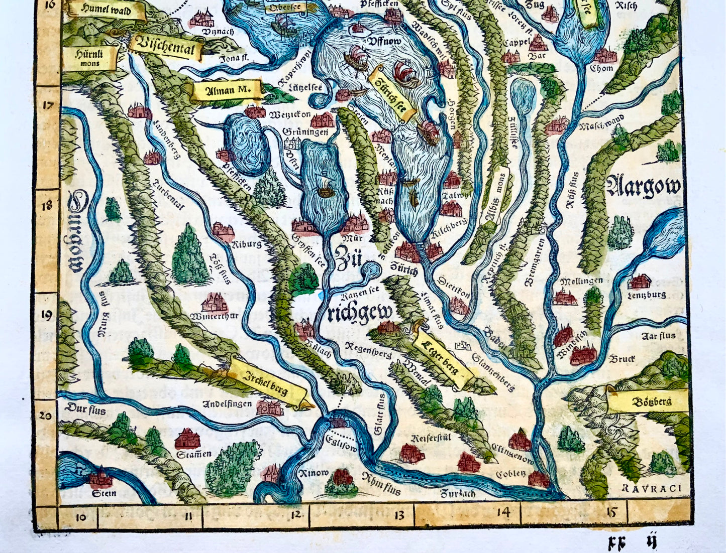 1548 Joh. Stumpf, Zurich, Lucerne, Zug, Switzerland folio woodcut map