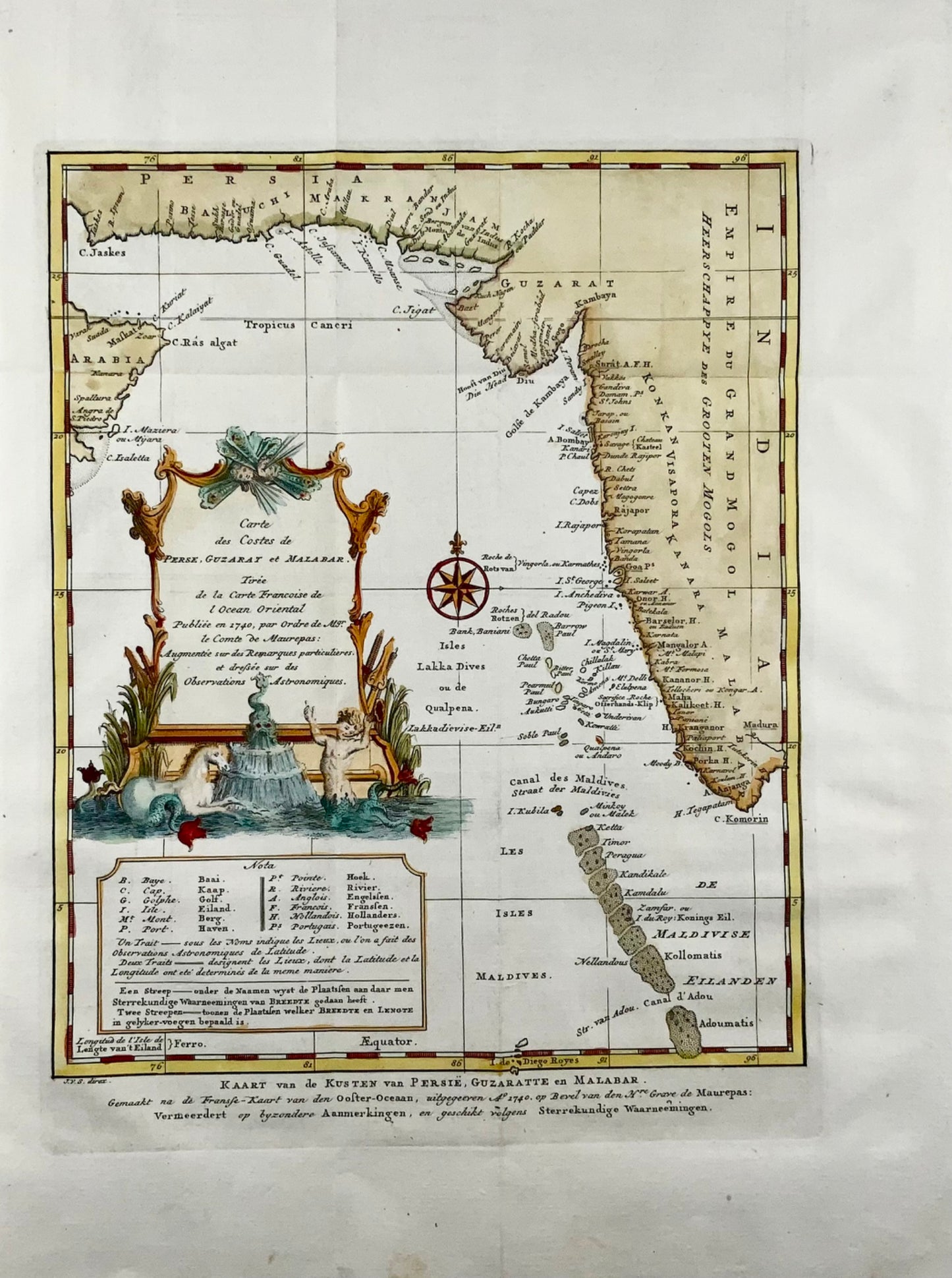 1749 Bellin, Schley, carte de l'océan Indien, des Maldives, de l'Inde, du Pakistan, de l'Iran, topographie étrangère