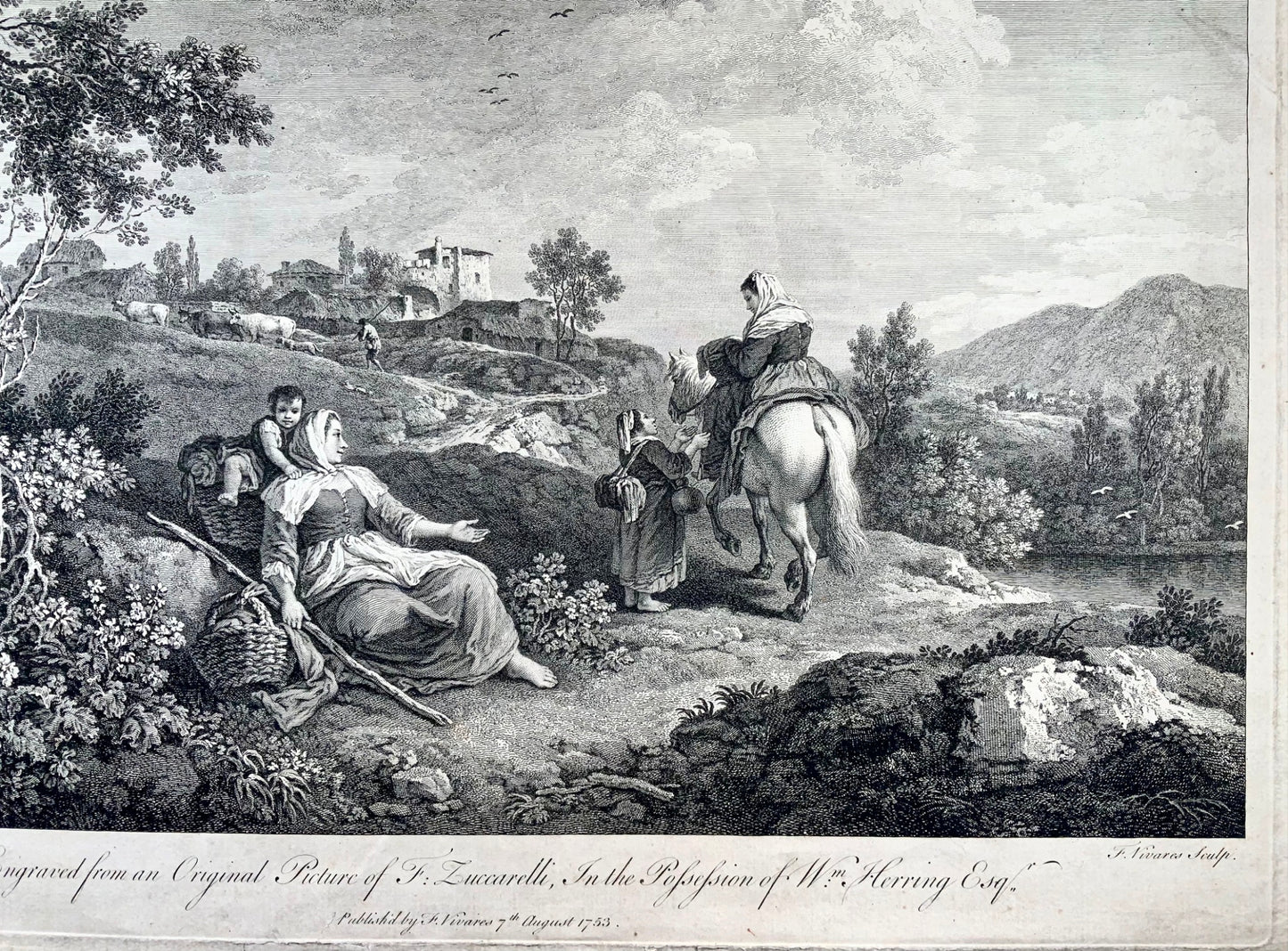 1753 F. Zuccarelli, scène pastorale à l'italienne, grande gravure impressionnante, art classique