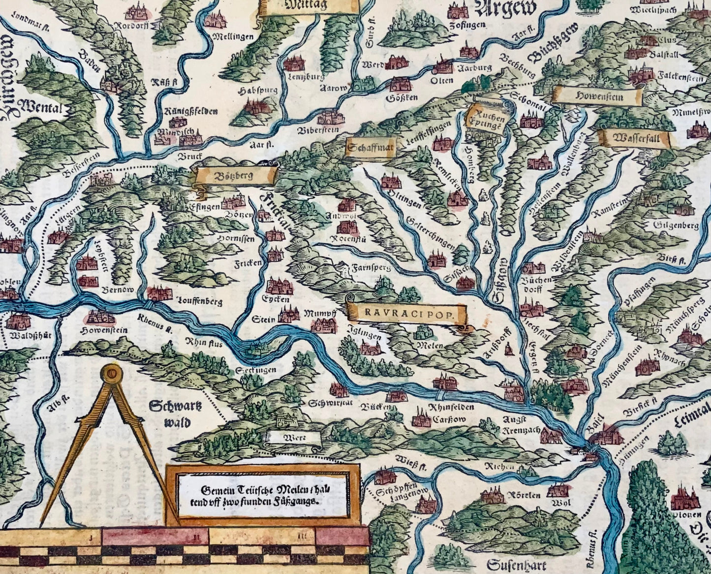 1548 Joh. Stumpf, Rhine, Germany, Switzerland, folio woodcut map