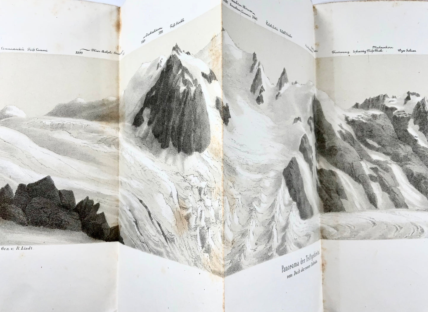 1865 Triftgebiet, Oberland bernois, panorama, lithographie sur pierre, Suisse