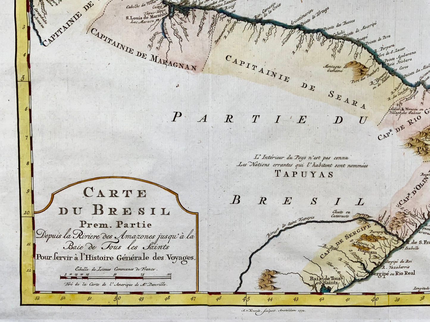 1772 Krevelt, carte, côte du Brésil, Amérique du Sud, Amazonie, coloriée à la main 