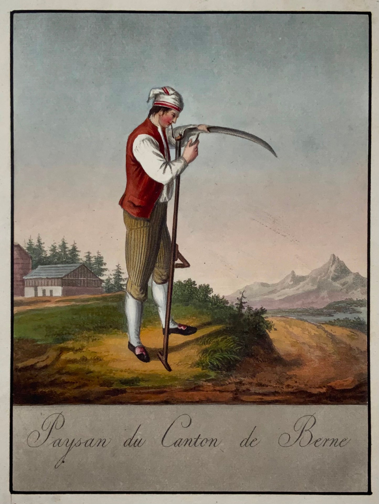 1822 Chr. Mechelt, sharpening sythe in Bern, Switzerland, hand coloured aquatint, costumes