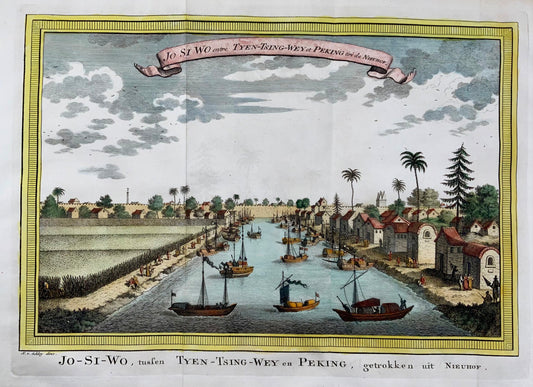 1749 Pékin, Chine, Pékin, J. van Schley, couleur à la main, gravure panoramique, carte
